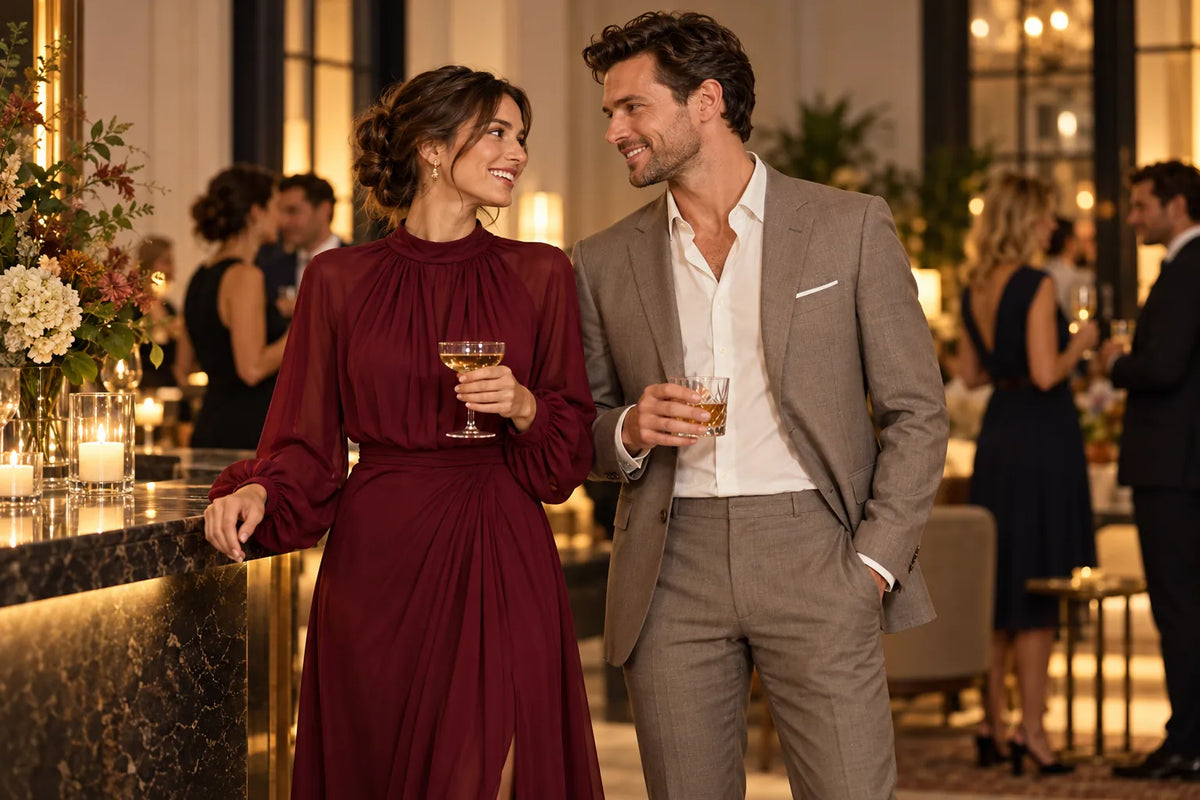 Donna in abito da sera bordeaux e uomo in completo marrone chiaro a un ricevimento festivo.