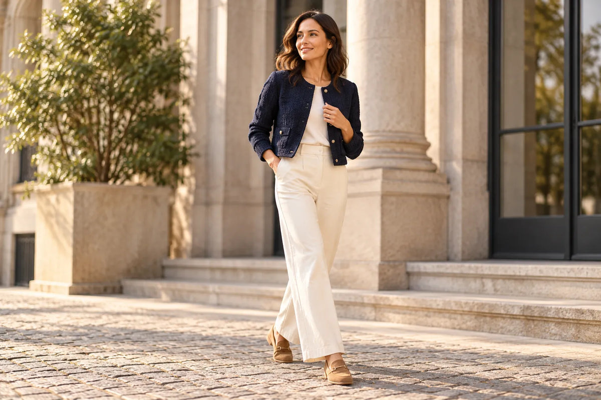 Mujer con chaqueta corta azul marino, pantalón crudo y mocasines color camel.