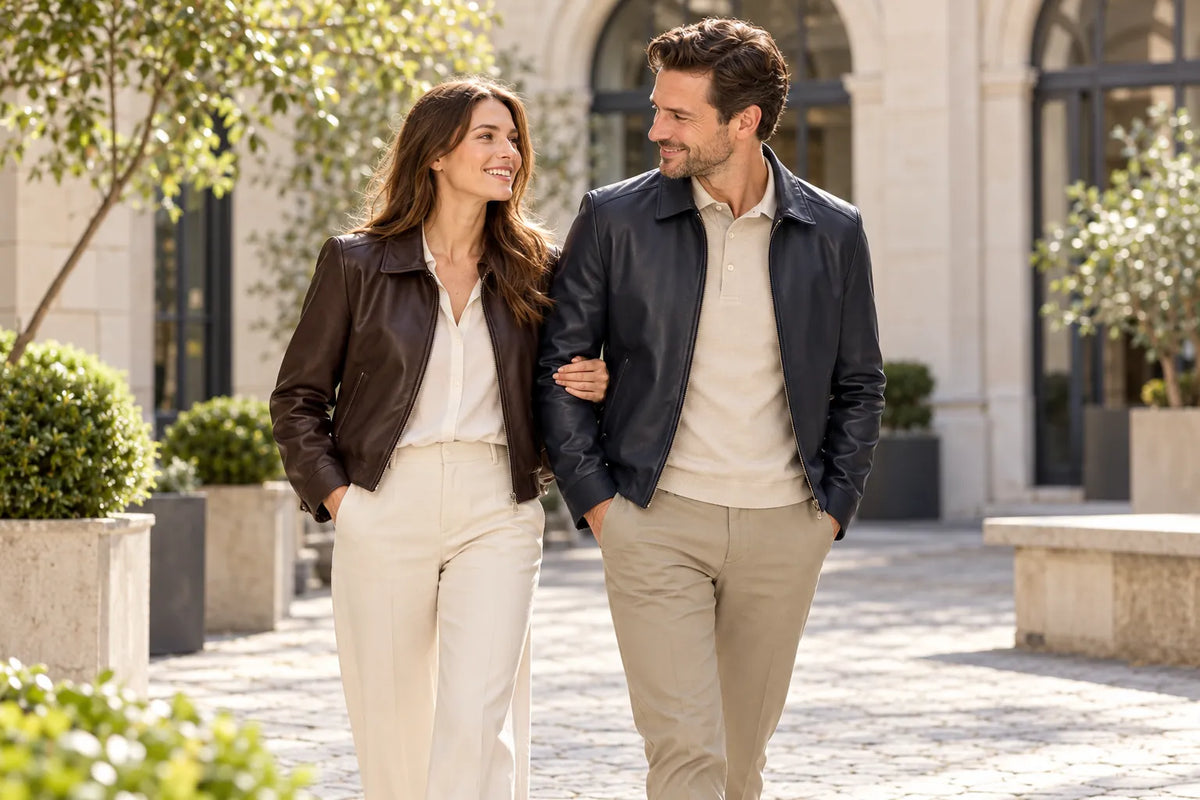 Femme et homme associant des vestes en cuir brun foncé et bleu marine à des vêtements clairs.